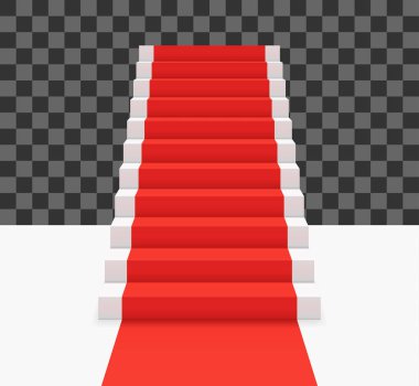 Beyaz merdivenlerde kırmızı halı. Ön görünüm vektör çizimi.