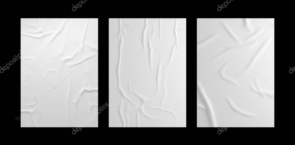 White wrinkled poster template set. Isolated glued paper mockup.