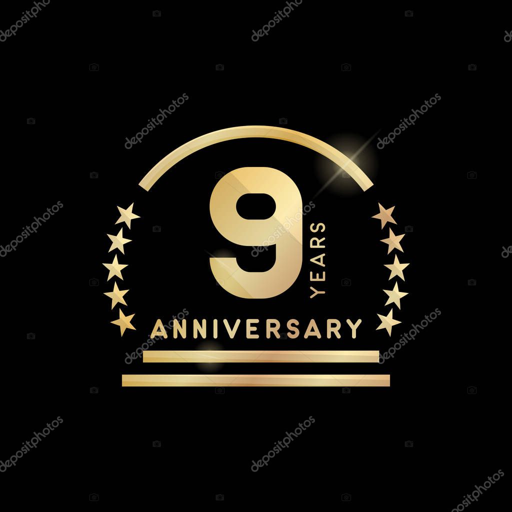 9th year anniversary golden emblem. Vector icon