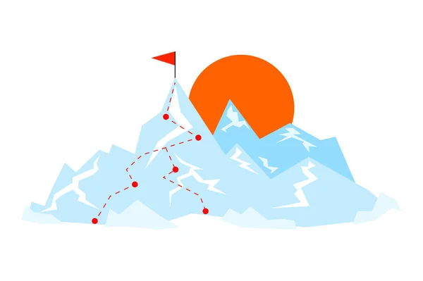 頂上へのルートを持つ平坦な山。旅道のベクトルイラスト。目標コンセプト. — ストックベクタ