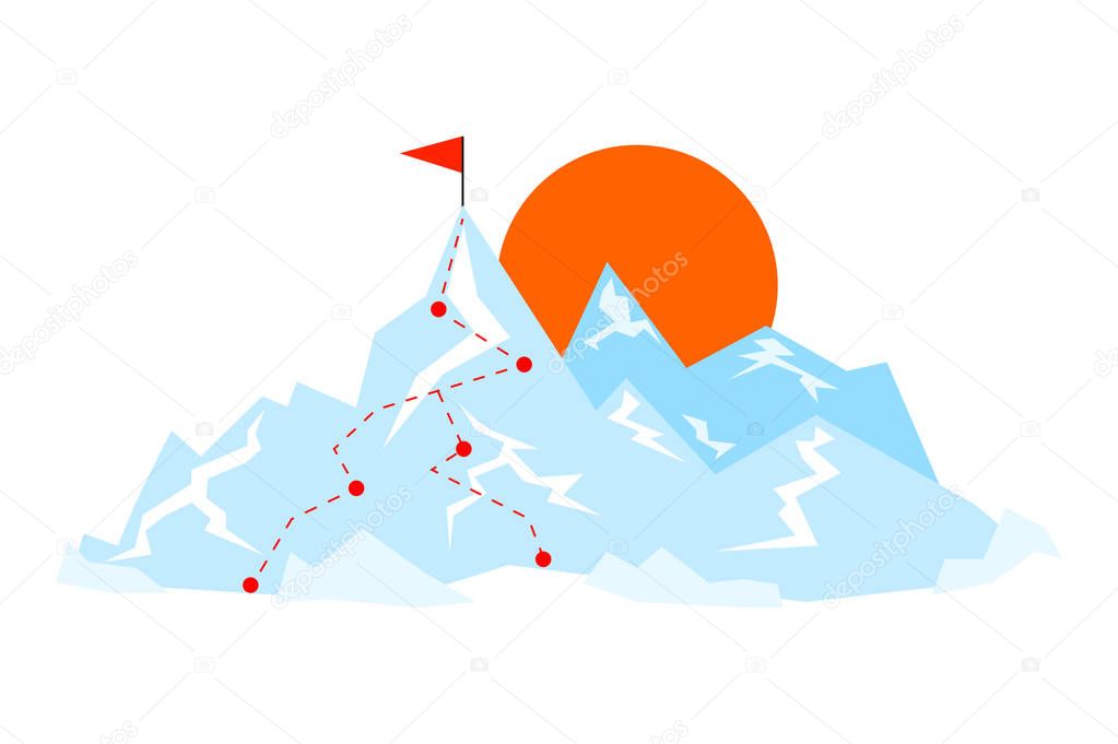 Flat mountain with route to the peak. Vector illustration of journey way. Goal concept.