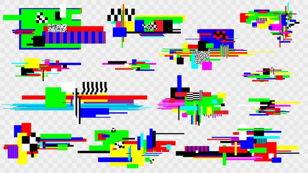 Glitch efekt elemanları ayarlandı. Piksel gürültü hatası tasarım elemanları. Hasarlı ekran. Vektör şablonu.