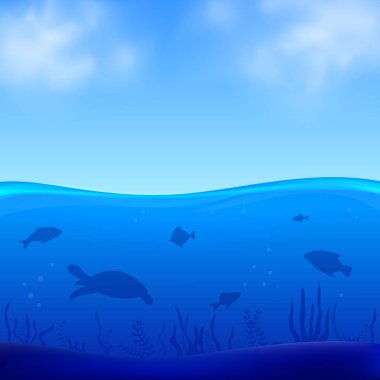 Sualtı yaşamı vektör Illustration. Balık ve kaplumbağa siluetleri ve bulutlu gökyüzü arka plan ile deniz alt.