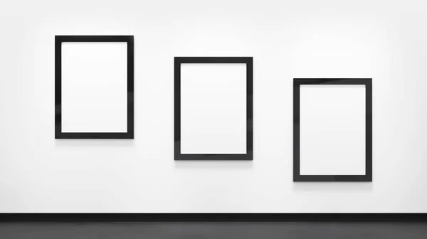 Trzy puste plakaty z czarnymi ramkami na białej ścianie. Wizualizację galerii zdjęć. Renderowanie 3D. — Zdjęcie stockowe