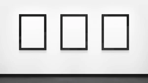 Drie blanco posters met zwarte frames op de witte muur. Foto galerij mockup. 3D-rendering. — Stockfoto