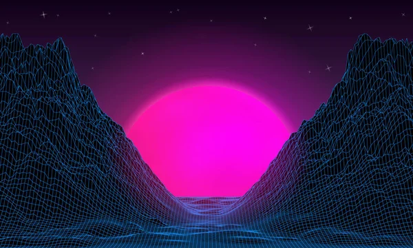 Wireframe paisaje de montaña de fondo. Estilo de onda retro de 1980. Ilustración vectorial futurista de ciencia ficción del amanecer o el atardecer con cielo estrellado . — Vector de stock