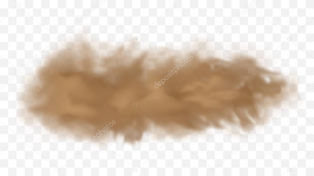 Realistic sand storm illustration. Vector brown dust cloud on transparent background. Air pollution concept.