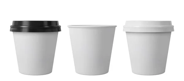 Kaffeetassen aus Papier mit schwarzen und weißen Deckeln. Kleiner offener und geschlossener Pappbecher. Realistische Vektor-Attrappe. — Stockvektor