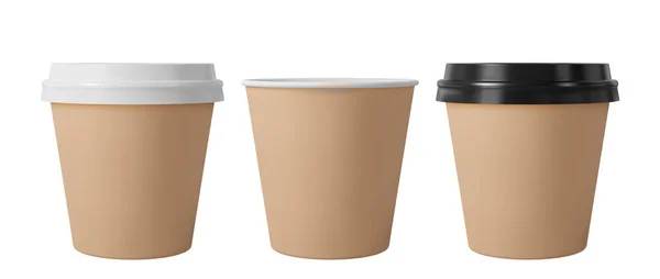 Brun papper kaffekoppar med svart och vitt lock. Öppen och stängd liten pappersmugg. Realistisk vektormodell. — Stock vektor