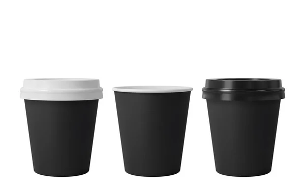 Kleine schwarze Kaffeetassen aus Papier mit schwarzen und weißen Deckeln. Kleiner offener und geschlossener Pappbecher. Realistische Vektor-Attrappe. — Stockvektor