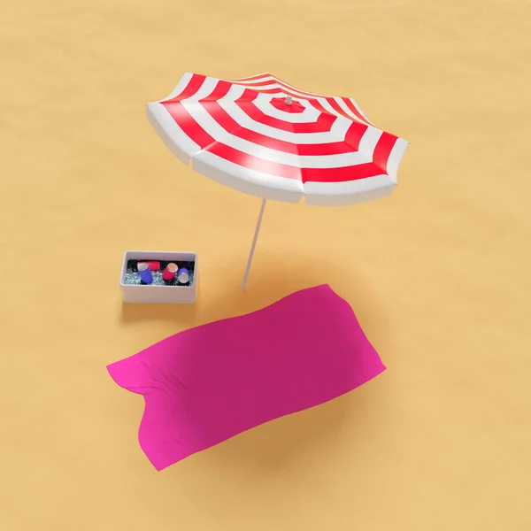 Parasol słoneczny na piaszczystej plaży z różowym ręcznikiem i lodówką z napojami. Koncepcja wakacji. Obraz renderowania 3D. — Zdjęcie stockowe