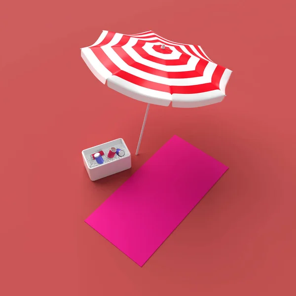 Ombrellone con tappetino rosa e frigorifero con bevande. Concetto di vacanza minimalista. Immagine di rendering 3D. — Foto Stock