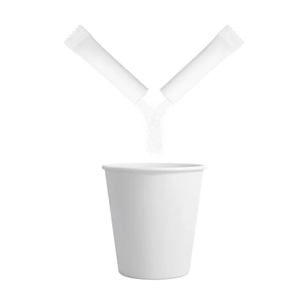Белая бумажная чашка кофе и падающий сахар из порванной сахарной палочки. Реалистичный векторный макет. — стоковый вектор