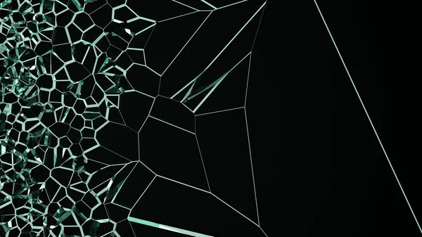 Green broken glass texture with cracks on black background. — Stock Photo, Image