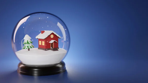 Snow globe with red house, christmas tree and falling snow inside. Christmas or new year template with copy space. 3D rendered image.