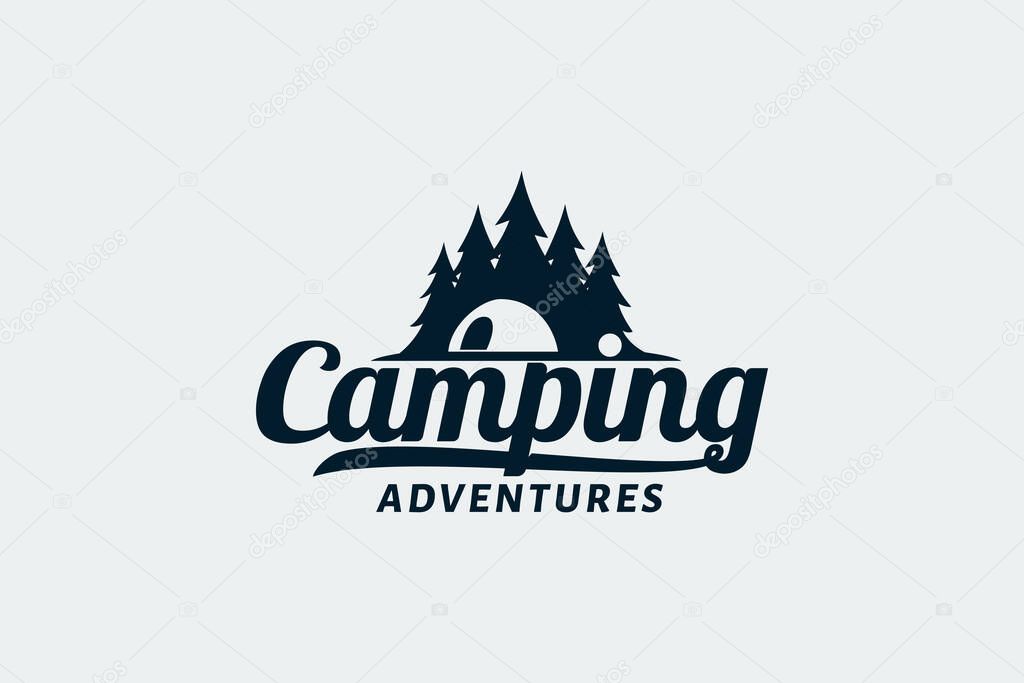 Camping adventure logo with a combination of forest views, tents and beautiful lettering.