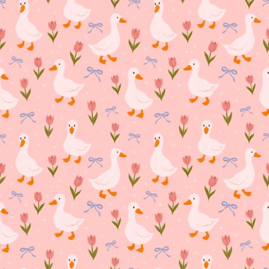 Lale çiçekleri ve pastel pembe arka planda fiyonkları olan kusursuz şirin ördek deseni. Kaprisli bahar hayvan resimleri, fidanlık duvarı resimleri, çocukların kumaş baskısı, bebek kıyafetleri tekstil, tekrar eden Cottagecore