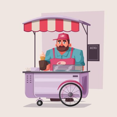 Street food or fast food hawker vendor truck. Cartoon vector illustration. Outdoor cart with seller. Chef funny character. clipart