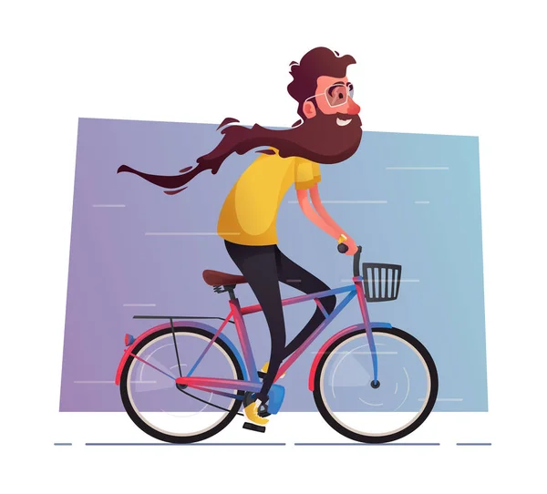 Funny man with long beard ride a bike. Vintage bicycle. Cartoon vector illustration — Stock Vector