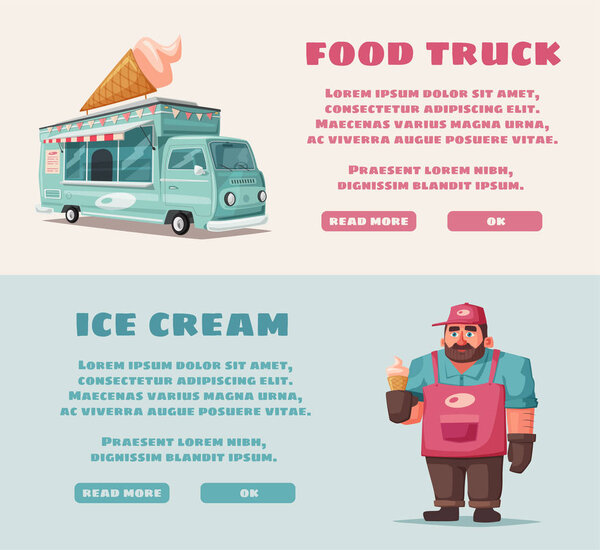 Retro street food van. Funny seller character. Cartoon vector illustration.