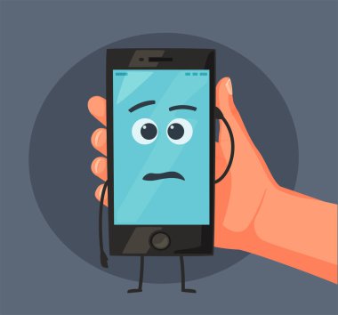El tutma smartphone. Yüz ile ekran. Vektör karikatür çizim. Yeni cep telefonu