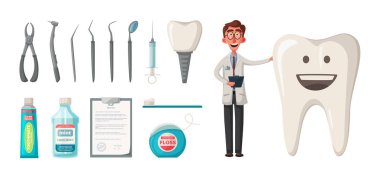 Şirin mutlu gülümseyen diş. Vektör karikatür çizim. Komik karakterler