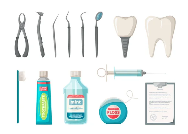 Set of dentists tools. Vector cartoon illustration. Clear teeth concept — Stock Vector