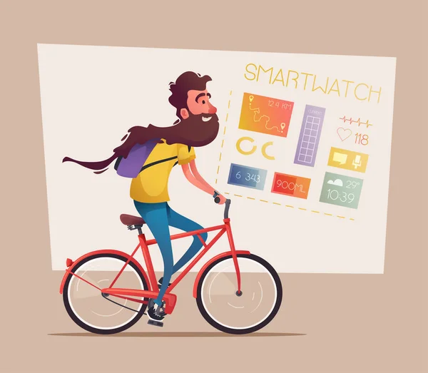 Funny man with long beard ride a bike. Vintage bicycle. Cartoon vector illustration — Stock Vector