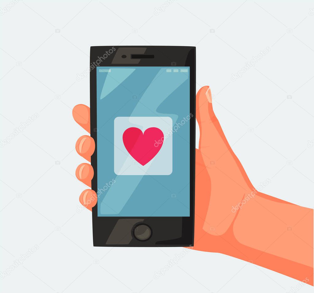 Hand holding smartphone. Screen with heart. Vector cartoon illustration. New mobile phone