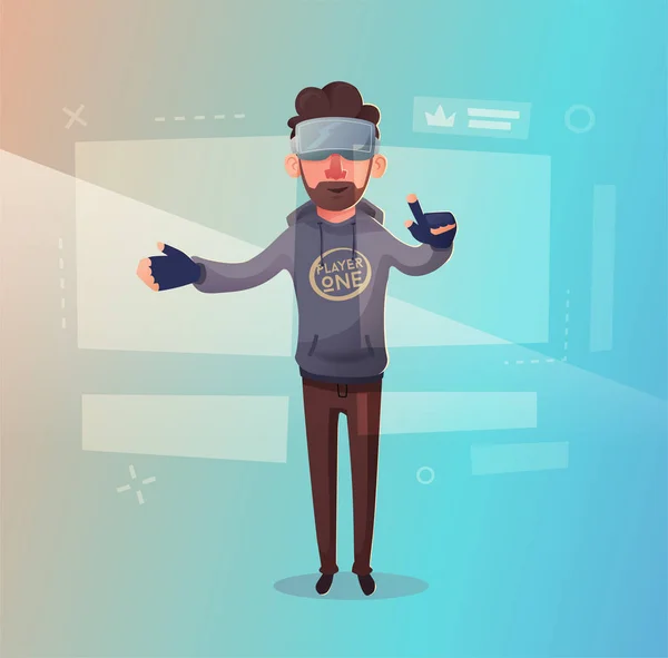 Personaggio indossare occhiali digitali realtà virtuale. Illustrazione del vettore del fumetto — Vettoriale Stock
