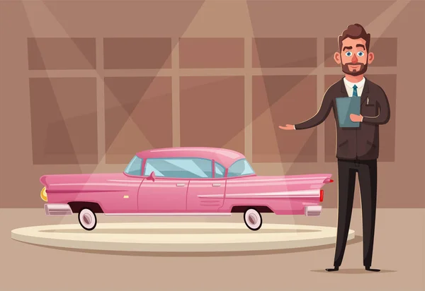 Venta de un coche nuevo. El vendedor en la sala de exposición del coche muestra el vehículo. Dibujos animados vectoriales ilustración — Vector de stock
