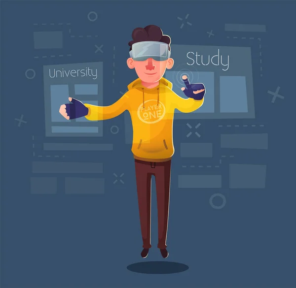 Personagem usar óculos digitais realidade virtual. Desenhos animados Vector Ilustração — Vetor de Stock