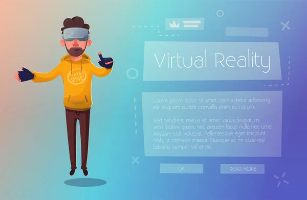 Postać nosi okulary cyfrowe wirtualnej rzeczywistości. Ilustracja kreskówka wektor — Wektor stockowy