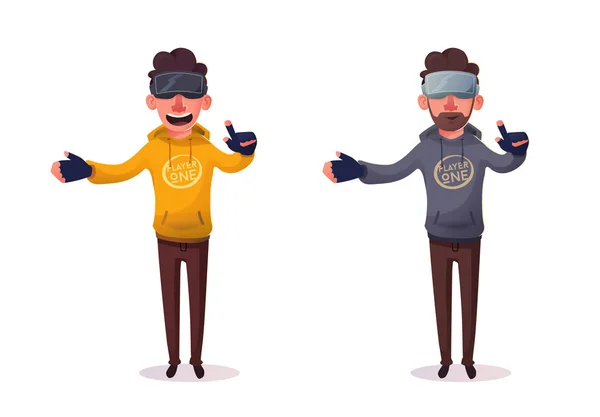 Personagem usar óculos digitais realidade virtual. Desenhos animados Vector Ilustração —  Vetores de Stock