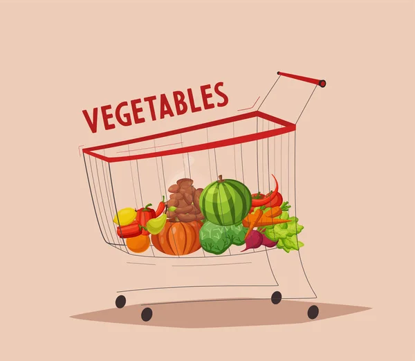 Carro de la compra del supermercado con verduras. Dibujos animados vector ilustración — Vector de stock