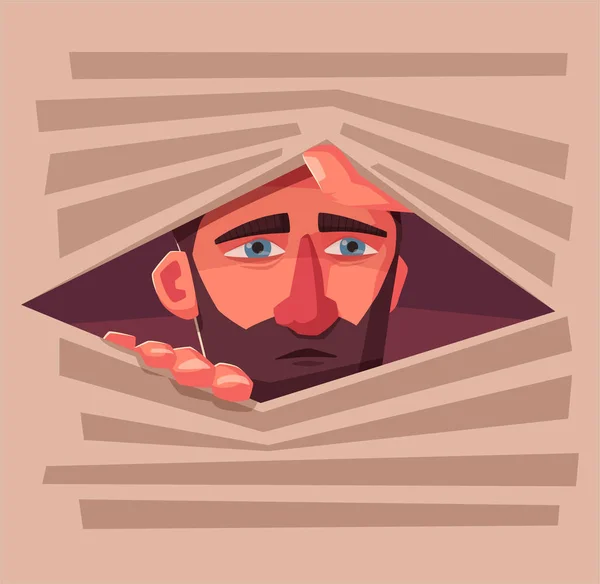 Un homme confus se cache. Une personne effrayée. Caractère design. Illustration vectorielle de bande dessinée — Image vectorielle