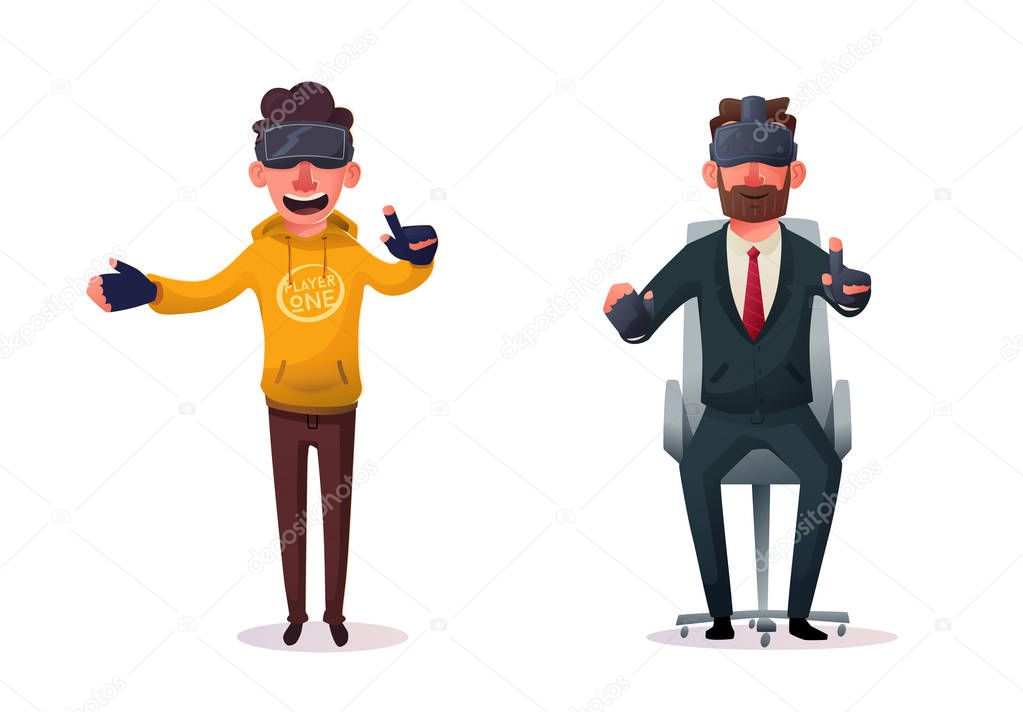 Characters wear virtual reality digital glasses. Cartoon Vector Illustration