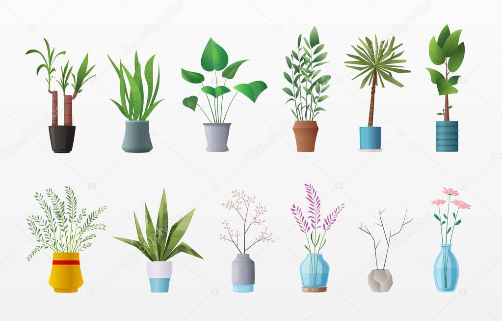 Set of plants and flowers. Cartoon vector illustration