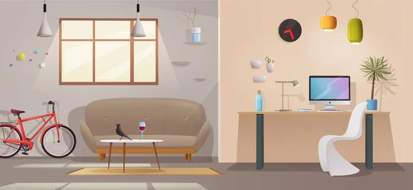 Sala de estar y oficina interior. Moderno apartamento de diseño escandinavo o loft. Dibujos animados vector ilustración — Vector de stock