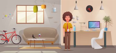 Oturma odası iç. Modern daire İskandinav veya çatı tasarım. Çizgi film vektör çizim