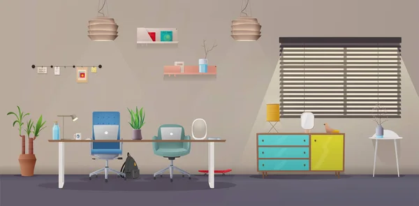 Sala de estar e escritório interior. Apartamento moderno design escandinavo ou loft. Desenhos animados ilustração vetorial —  Vetores de Stock