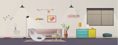 Oturma odası iç. Modern daire İskandinav veya çatı tasarım. Çizgi film vektör çizim