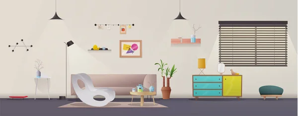 Εσωτερικό σαλόνι. Μοντέρνο διαμέρισμα Σκανδιναβική ή σοφίτα σχεδιασμός. Καρτούν εικονογράφηση φορέα — Διανυσματικό Αρχείο