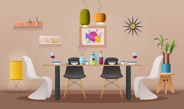 Comedor interior con muebles. Dibujos animados vector ilustración — Vector de stock