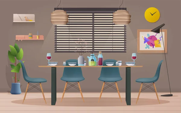 Interior da sala de jantar com mobiliário. Desenhos animados ilustração vetorial — Vetor de Stock