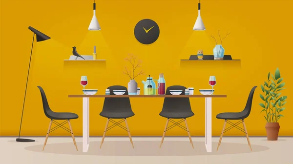 Comedor interior con muebles. Dibujos animados vector ilustración — Vector de stock