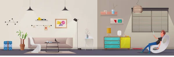 Sala de estar y oficina interior. Moderno apartamento de diseño escandinavo o loft. Dibujos animados vector ilustración — Vector de stock