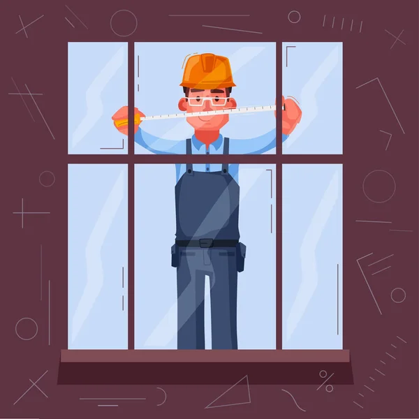 Grappige ingenieur is maatregelen van een venster. Werknemer werkt — Stockvector