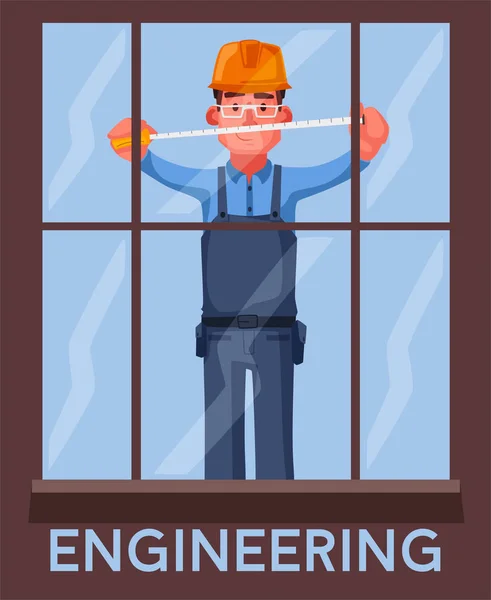 Ingeniero gracioso mide una ventana. El empleado está trabajando — Vector de stock