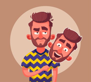 Sahte bir yüz. Şüpheci erkek giyim mutlu maskesi.